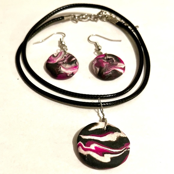 Handmade Clay Necklace and Earrings Pink Black White One of a Kind - Picture 1 of 7
